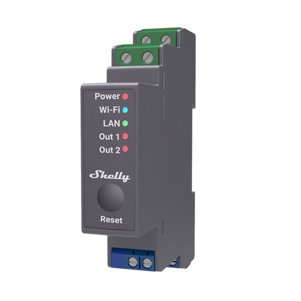Shelly PRO 2 DIN-sínre szerelhető, 2 áramkörös, WiFi + Ethernet + Bluetooth modul, feszültségmentes kapcsolásra is