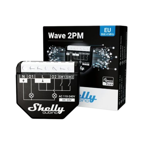 Shelly Qubino Wave 2PM két áramkörös, fogyasztásmérős okosrelé, Z-Wave protokoll kompatibilis
