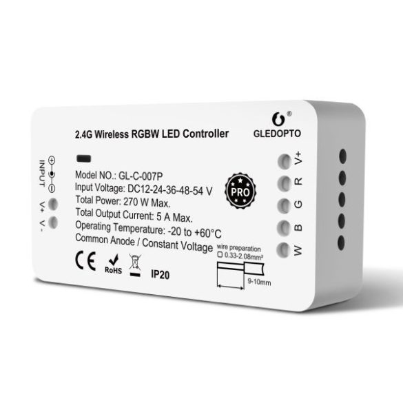 Gledopto GL-C-007P, Pro RGBW LED vezérlés, 12V-54V DC (Zigbee+2.4GHz RF)