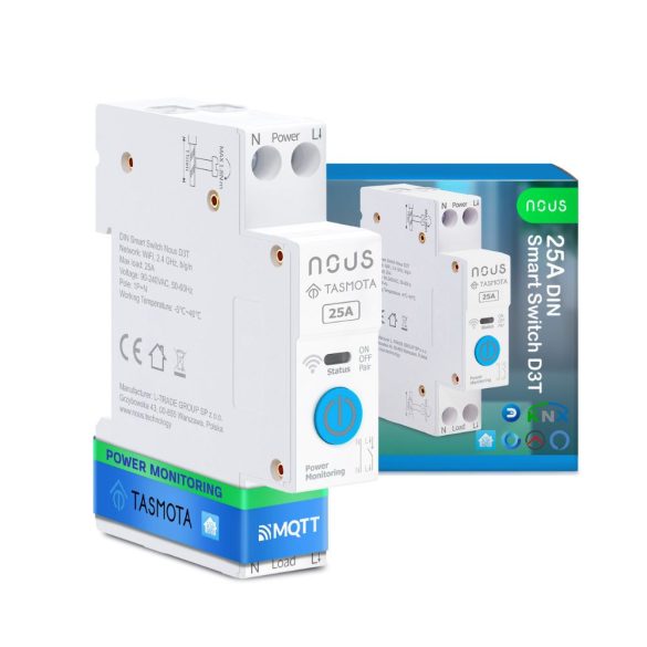 Nous D3T DIN-sín kompatibilis Wi-Fi-s relémodul, Tasmota firmware, Matter kompatibilis, 25A