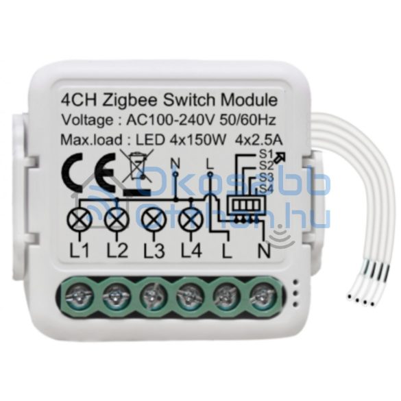 Zigbee 230V relé négy áramkörös, kapcsolóbemenettel